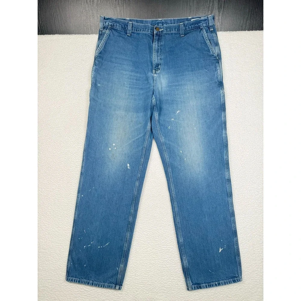 + Carhartt Straight Jeans Blue 40x34 Carpenter 382-83 Paint Distressed